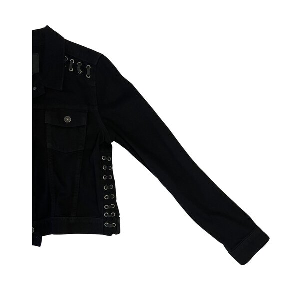 Black PAIGE cropped denim jacket with lace up detail - Picture 3 of 6